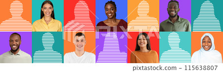 Cheerful millennial international people on colored studio background, with empty space with human silhouette, panorama, collage. Headshots and emotions, lifestyle, ad, and offer Cheerful millennial international people on colored studio background, with empty space with human silhouette, panorama, collage. Headshots and emotions, lifestyle, ad, and offer 115638807