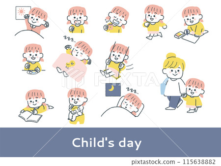 A set of illustrations of a day in the life of a kindergarten or nursery school child (girl) 115638882