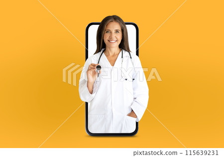 A smiling lady doctor in a white lab coat holds a stethoscope, appearing to step out from a smartphone screen against a bright yellow background. 115639231
