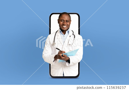 A cheerful black doctor dressed in a white coat with a stethoscope around his neck, holding a clipboard, appears to emerge from a smartphone screen set against a light blue background. 115639237