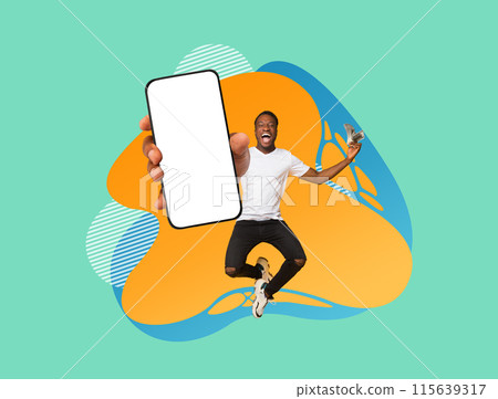 Big Profit. Overjoyed Black Man Holding Dollar Cash Money And Blank Smartphone, Happy Young African American Guy With Empty Cellphone Jumping Over Colorful Abstract Background, Mockup 115639317