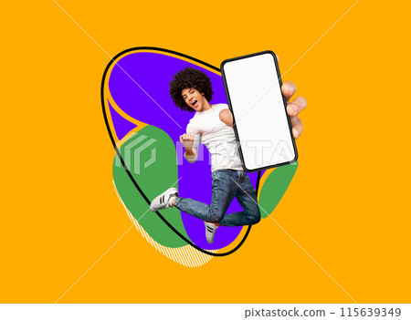 Mobile Offer. Cheerful Black Guy Jumping With Blank Smartphone In Hand Over Abstract Colorful Background, Positive Young African American Man Demonstrating Copy Space For Online Ad, Collage, Mockup Mobile Offer. Cheerful Black Guy Jumping With Blank Smartphone In Hand Over Abstract Colorful Background, Positive Young African American Man Demonstrating Copy Space For Online Ad, Collage, Mockup 115639349