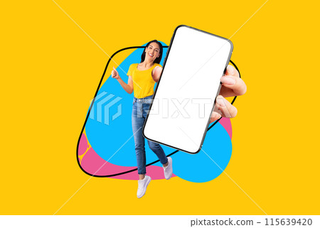 Happy Young Woman Jumping With Big Blank Smartphone In Hand And Showing Thumb Up, Cheerful Lady Having Fun Over Yellow Background With Abstract Bright Color Splashes, Collage, Mockup 115639420