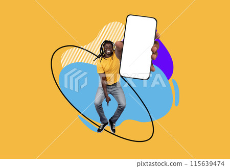 Excited Black Man With Big Blank Smartphone In Hand Jumping Over Abstract Colorful Background, Happy Young African American Male Advertising New App Or Website, Creative Collage, Mockup 115639474