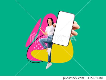 Amazing Offer. Excited Young Woman Demonstrating Blank Smartphone In Hand And Celebrating Success, Cheerful Female Holding Cellphone With White Screen, Jumping On Colorful Abstract Background, Mockup 115639481