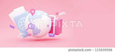 3D illustration for travelling, tourism concept, copy space, banner. Globe with location pin, suitcase, passport and flight tickets, camera, airplane over pink background 115639506