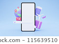 Huge smartphone with white blank screen, globe, passport, flight tickets, suitcase, camera, search bar, 3d illustration for travelling concept, blue background, mockup copy space for booking app Huge smartphone with white blank screen, globe, passport, flight tickets, suitcase, camera, search bar, 3d illustration for travelling concept, blue background, mockup copy space for booking app 115639510