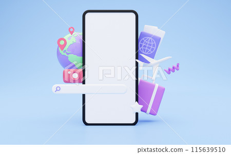 Huge smartphone with white blank screen, globe, passport, flight tickets, suitcase, camera, search bar, 3d illustration for travelling concept, blue background, mockup copy space for booking app Huge smartphone with white blank screen, globe, passport, flight tickets, suitcase, camera, search bar, 3d illustration for travelling concept, blue background, mockup copy space for booking app 115639510