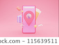 Booking, transportation, traveling website, 3D illustration, collage. Huge phone with search bar, location pin with globe inside, suitcase, passport and tickets over pink background Booking, transportation, traveling website, 3D illustration, collage. Huge phone with search bar, location pin with globe inside, suitcase, passport and tickets over pink background 115639511
