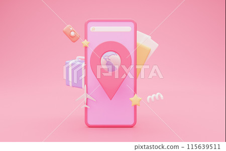 Booking, transportation, traveling website, 3D illustration, collage. Huge phone with search bar, location pin with globe inside, suitcase, passport and tickets over pink background Booking, transportation, traveling website, 3D illustration, collage. Huge phone with search bar, location pin with globe inside, suitcase, passport and tickets over pink background 115639511