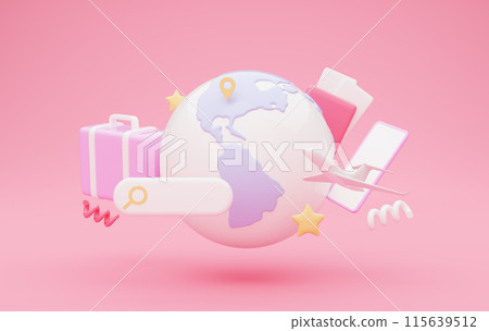 Searching travel destination, buy tickets, hotel booking online, searching bar with suitcase, passport and flight tickets, airplane, globe, pink background. 3D illustration, collage, banner Searching travel destination, buy tickets, hotel booking online, searching bar with suitcase, passport and flight tickets, airplane, globe, pink background. 3D illustration, collage, banner 115639512
