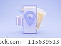 Big smartphone with search bar, luggage, suitcase, airplane, passport with tickets, location pin, isolated on purple background. Design objects for travel, booking, hotel, tour. 3d illustration Big smartphone with search bar, luggage, suitcase, airplane, passport with tickets, location pin, isolated on purple background. Design objects for travel, booking, hotel, tour. 3d illustration 115639513