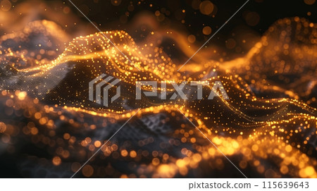 An abstract depicting a landscape of flowing waves illuminated by countless golden lights An abstract depicting a landscape of flowing waves illuminated by countless golden lights 115639643