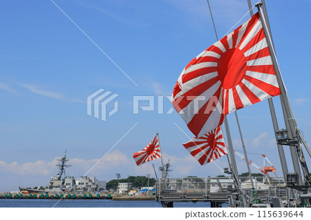 Rising Sun Flag, Self-Defense Force Flag, Rising Sun Flag fluttering in the blue sky 115639644