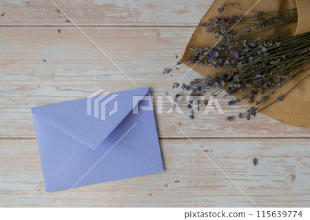 Empty violet envelope paper template mock up. Copy space for your text. Lavender flower. Greeting or invitation card blank with envelope Empty violet envelope paper template mock up. Copy space for your text. Lavender flower. Greeting or invitation card blank with envelope 115639774