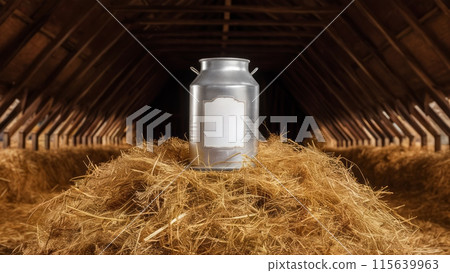 A silver milk churn with a blank label sits on a pile of hay . A silver milk churn with a blank label sits on a pile of hay . 115639963