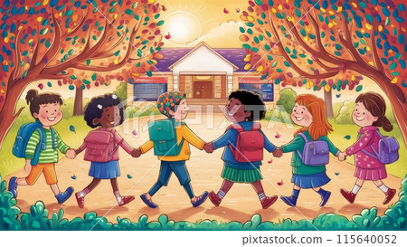 Children Walking to School in Autumn 115640052