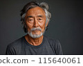 Asian 70-80 years old man with grey hair and beard against dark gray background with copy space 115640061
