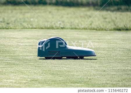 A battery-powered electric lawnmower drives across the field and cuts the grass. A battery-powered electric lawnmower drives across the field and cuts the grass. 115640272