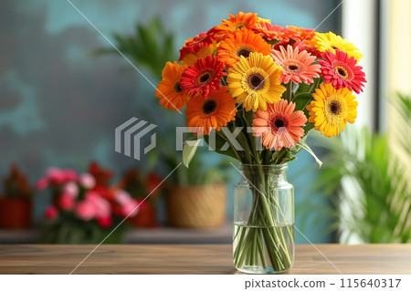 Bouquet of beautiful gerbera flowers in vase on table. Sunny day and blurred bokeh background Bouquet of beautiful gerbera flowers in vase on table. Sunny day and blurred bokeh background 115640317