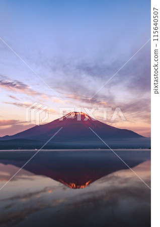 Red Fuji seen from Lake Yamanaka in early summer Red Fuji seen from Lake Yamanaka in early summer 115640507