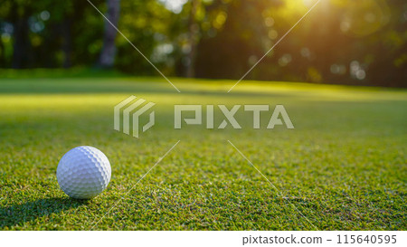 Golf ball is on a green lawn in a beautiful golf course with morning sunshine. 115640595