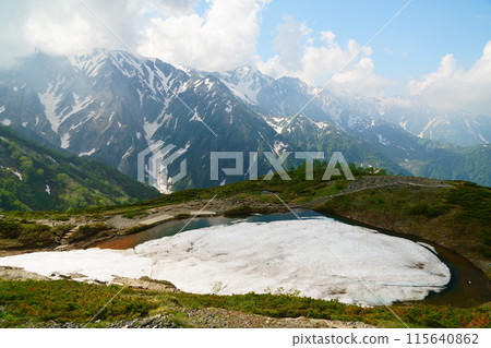 Snow-covered Happoike Pond and the Hakuba Sanzan mountains 115640862