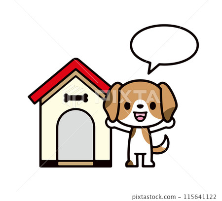 一隻小獵犬站在一個有紅色屋頂和滑稽演講氣泡的狗屋前的可愛插圖 一隻小獵犬站在一個有紅色屋頂和滑稽演講氣泡的狗屋前的可愛插圖 115641122