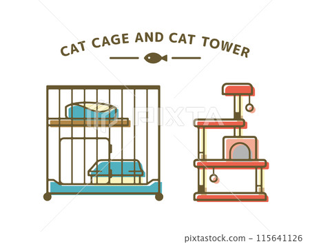 Cute illustration set of cat cage and cat tower Cute illustration set of cat cage and cat tower 115641126