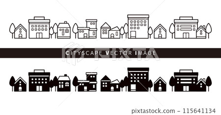 可愛的城市景觀線描和剪影圖形素材集 115641134