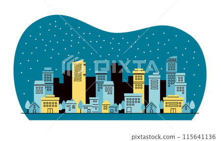 柔和的彩色現代景觀圖描繪了夜間雪花飄落的城市景觀 115641136