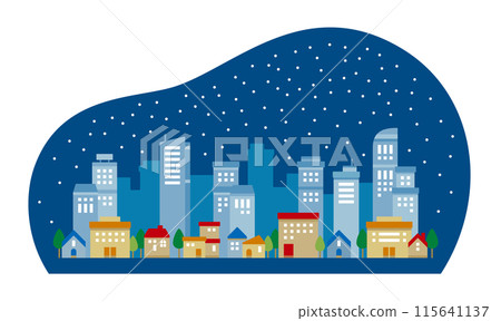 簡單可愛的景觀圖，描繪了夜間雪花飄落的城市景觀 115641137