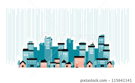 Modern illustration of a rainy city street in black and pastel colors 115641141