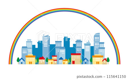 A simple and cute illustration of a cityscape with a rainbow 115641150