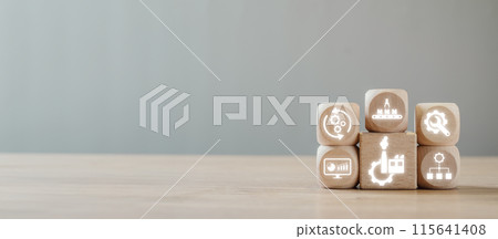 Digital icons on wooden blocks illustrating the Manufacturing Execution System concept, highlighting Industry 4.0, automation, and smart factory technologies. Digital icons on wooden blocks illustrating the Manufacturing Execution System concept, highlighting Industry 4.0, automation, and smart factory technologies. 115641408