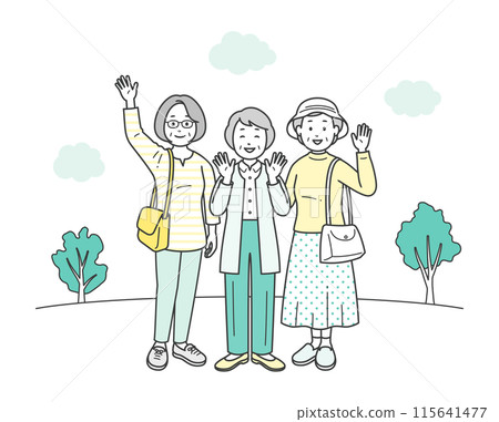 一群友善的老年婦女在旅遊目的地玩得開心的全身插圖 115641477