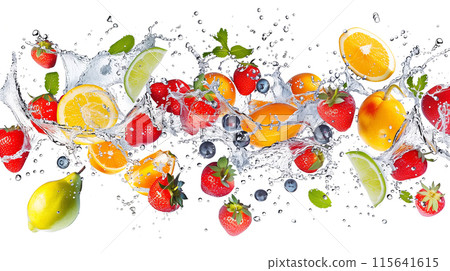 Mix fresh fruit with orange, apple and strawberry splash in water. 115641615