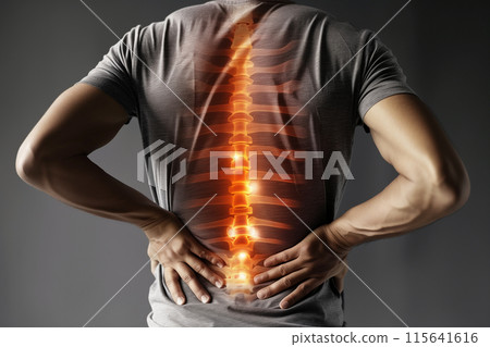 Man pain office syndrome at his back with highlight at backbone and spine. 115641616