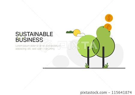 Sustainable Business. Growth Tree with Dollar coins. Circular Economy and  ESG concept. Green Energy, Ecology and environment development. Flat Vector illustration. 115641874