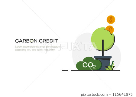 Carbon Credit concept. Sustainable development to reduce CO2 emissions impact. Carbon management concept. Flat Vector illustration. 115641875