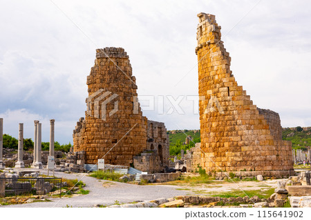 Stone remains of Hellenistic city gate in ancient Perge, Turkey 115641902