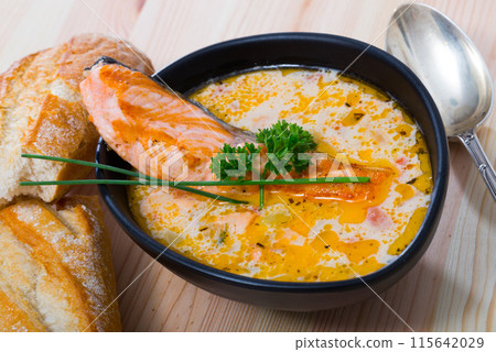 Cheese and salmon soup Cheese and salmon soup 115642029