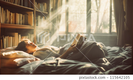 一個人在早晨的陽光下放鬆地閱讀 115642105