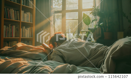 一個人在早晨的陽光下放鬆地閱讀 115642107