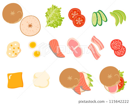 一套百吉餅三明治配料和成品百吉餅三明治 115642222