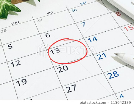 Circle the 13th in red on the calendar 115642389