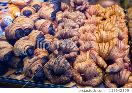 Croissants on Spanish bakery showcase 115642399