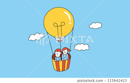 Illustration of a student riding a light bulb balloon. Image illustration of ideas, growth, and success 115642423