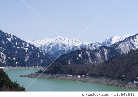 View of Lake Kurobe from Kurobe Dam on the Tateyama Kurobe Alpine Route in early May View of Lake Kurobe from Kurobe Dam on the Tateyama Kurobe Alpine Route in early May 115642611