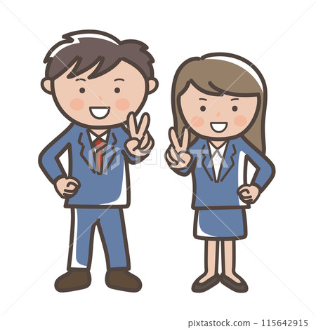 Full-body illustration of smiling male and female businessmen making peace signs_navy suits Full-body illustration of smiling male and female businessmen making peace signs_navy suits 115642915